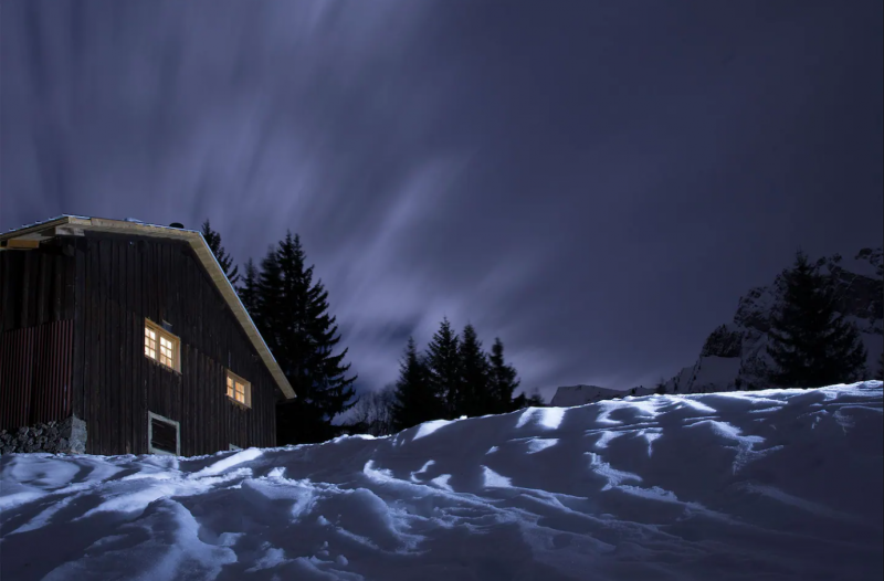 View of the mountain sky by full moon, from the Mont Plaisir chalet, a peaceful mountain refuge in Samoëns, Haute Savoie